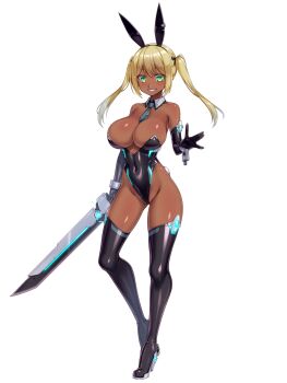Rule 34 | 1girl, animal ear hairband, animal ears, black necktie, blonde hair, breasts, cocytus (wind master), commentary request, covered navel, dark-skinned female, dark skin, detached collar, elbow gloves, fake animal ears, fake tail, full body, gloves, green eyes, grin, hairband, high heels, highleg, highleg leotard, highres, holding, holding sword, holding weapon, large breasts, leotard, looking at viewer, medium hair, necktie, original, playboy bunny, rabbit ears, rabbit tail, shiny clothes, smile, solo, standing, strapless, strapless leotard, sword, tail, thighhighs, twintails, weapon, white background