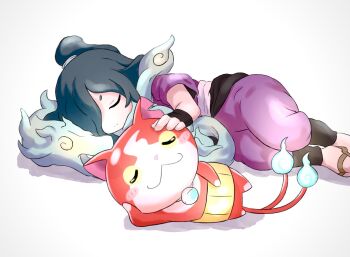 Rule 34 | 1boy, blue fire, bopon o0o, closed eyes, commentary request, fire, flame-tipped tail, hair over one eye, haramaki, highres, japanese clothes, jibanyan, long hair, lying, multiple tails, on side, orochi (youkai watch), ponytail, red fire, simple background, tail, two tails, white background, youkai (youkai watch), youkai watch