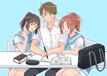 1boy 2girls :o aqua_neckerchief bag black_bag black_pants blue_eyes blue_sailor_collar blush breast_pocket brown_hair chair closed_mouth collared_shirt commentary_request commission curtained_hair double-parted_bangs dress_shirt eraser green_eyes hand_on_another's_arm hetero hibike!_euphonium holding holding_pen homework kasaki_nozomi medium_hair miniskirt multiple_girls nakagawa_natsuki neckerchief on_chair open_mouth pants pen pencil_case pocket ponytail purple_eyes sailor_collar school_bag shirt short_hair sitting skeb_commission skirt small_sweatdrop table takahashi_mugi tsukamoto_shuuichi undershirt very_short_hair white_shirt