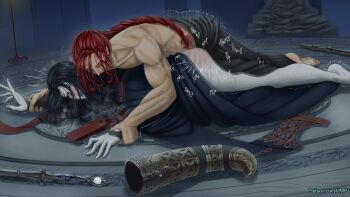 1boy 1girl absurdres black_hair blue_eyes blush closed_eyes clothed_sex colored_skin defeat elden_ring fromsoftware hetero highres iiimp instant_loss long_hair looking_at_viewer lying lying_on_person muscular muscular_male on_person open_mouth pale_skin radagon_of_the_golden_order red_hair rennala_queen_of_the_full_moon sex sex_from_behind slap_mark sword trembling weapon white_skin