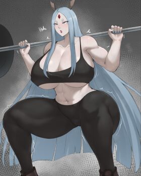 Rule 34 | 1girl, bare shoulders, batako (batakoart), black pants, black tank top, blush, breasts, cleavage, colored skin, commentary, exercising, facial mark, forehead mark, grey eyes, grey nails, highres, horns, huge breasts, long hair, mature female, midriff, muscular, muscular female, naruto (series), naruto shippuuden, navel, ootsutsuki kaguya, pants, parted lips, sidelocks, solo, sweat, tank top, very long hair, white hair, white skin