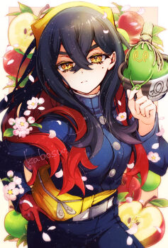 1girl amamiya_kabosu apple artist_name black_hair blue_jacket blue_pants blueberry_academy_school_uniform carmine_(pokemon) closed_mouth colored_inner_hair crossed_bangs fanny_pack flower food fruit gloves hair_between_eyes hairband highres jacket light_frown long_hair long_sleeves looking_at_viewer mole mole_under_eye multicolored_hair nintendo pants petals pokemon pokemon_(creature) pokemon_sv red_gloves red_hair school_uniform single_glove sinistcha two-tone_hair yellow_eyes yellow_hairband
