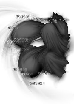 1girl absurdres black_dress bloodborne breasts character_name cleavage commentary_request destruction dress faceless faceless_female faceless_hood from_above gameplay_mechanics gigantic_breasts greyscale highres hood making-of_available mergo's_wet_nurse mo_mi_sa_ki monochrome pale_skin power_level solo user_interface white_background