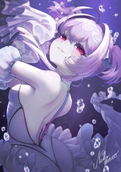 1girl ahoge air_bubble ass back blush breasts bubble collar frills from_behind goddess_of_victory:_nikke hair_between_eyes hair_intakes hairband hands_up highres leotard liberalio_(nikke) looking_at_viewer looking_back median_furrow nukomaronikke pantyhose purple_hair red_eyes short_hair_with_long_locks small_breasts smile solo twintails underwater white_collar white_leotard white_pantyhose