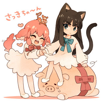 10s 2girls animal_ears black_hair bow cat_ears cat_tail dog_ears dog_tail dress hand_grab holding_hands jakuzure_nonon kemonomimi_mode kill_la_kill kiryuuin_satsuki long_hair monkey multiple_girls pig pink_hair ribbon sitting stuffed_animal stuffed_toy tail translation_request tsumuri aged_down