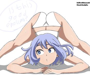 1girl artist_name ass blue_eyes blue_hair boku_no_hero_academia discord_username english_text female_focus hado_nejire jack-o&#039;_challenge matching_hair/eyes panties reddit_username sneakyklee solo speech_bubble thighs underwear white_panties