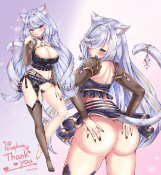 1girl absurdres animal_ear_fluff animal_ears ass ass_grab breasts cat_ears cat_girl cat_tail finger_bite highres indie_virtual_youtuber large_breasts long_hair looking_at_viewer looking_over_shoulder nail_polish navel nekomancer nekomancervt persephone purple_eyes solo tail virtual_youtuber white_hair yellow_eyes