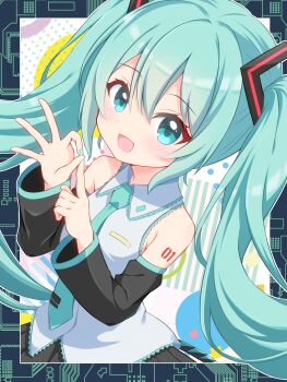 1girl absurdres aqua_eyes aqua_hair aqua_nails aqua_necktie aqua_trim arm_tattoo bare_shoulders beenyan_1203 black_skirt black_sleeves blush breasts collared_shirt commentary_request detached_sleeves fingernails grey_shirt hair_between_eyes hair_ornament hatsune_miku highres long_hair long_sleeves medium_breasts miku_day nail_polish necktie number_tattoo open_mouth pleated_skirt shirt skirt smile solo tattoo twintails very_long_hair vocaloid wide_sleeves