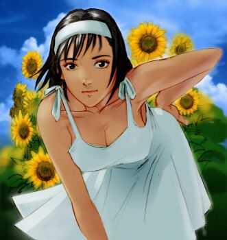 1girl bare_shoulders bent_over breasts cleavage collarbone day dress field flower flower_field hairband hand_on_own_hip kawano_takuji kazama_jun large_breasts lips looking_at_viewer mature_female official_art outdoors short_hair solo sundress sunflower sunflower_field tekken white_dress