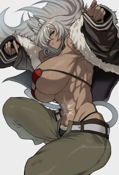 Rule 34 | 1girl, abs, alternate breast size (larger), animal ears, armpit crease, bandeau, bare shoulders, black jacket, black panties, breasts, cat ears, cat girl, cat tail, choker, cleavage, commentary, crossed bangs, dark-skinned female, dark skin, female pubic hair, floating hair, fur-trimmed jacket, fur trim, ghislaine dedoldia, green pants, grey hair, hair between eyes, hands up, harutoyumaarts, highleg, highleg panties, highres, huge breasts, jacket, long hair, looking at viewer, midair, muscular, muscular female, mushoku tensei, navel, obliques, off shoulder, open fly, panties, pants, parted lips, pubic hair, pubic hair peek, red bandeau, red choker, red eyes, scar, scar on stomach, sidelocks, simple background, solo, stomach, tail, tail ornament, tail ring, thick thighs, thighs, twitter username, underwear, very long hair