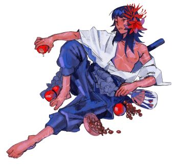 1girl black_hair breasts flower genderswap genderswap_(mtf) hair_flower hair_ornament katana long_hair looking_at_viewer naruto_(series) naruto_shippuuden nipples open_mouth red_flower scar scar_on_chest shirt simple_background sword uchiha_sasuke weapon white_background xuoiwa