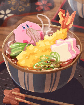 bowl chopsticks commentary_request eating food food_focus highres in_food kirby kirby_(series) miclot new_year nintendo noodles shrimp shrimp_tempura soba solo tempura