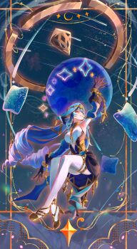1girl absurdres arm_up armpits bare_shoulders blue_hair blue_hood breasts celestial_globe claw_ring commentary_request detached_sleeves dress drill_hair drill_sidelocks full_body genshin_impact gold_thighlet hair_between_eyes hair_ornament high_heels highres jewelry layla_(genshin_impact) long_hair long_hair_between_eyes long_sleeves looking_up medium_breasts neck_ring okawaoshio open_mouth pantyhose platform_shoes pointy_ears shoes sidelocks solo thighlet twin_drills white_pantyhose yellow_eyes