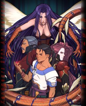 1girl 3boys anniversary black_hair breasts brown_eyes claws closed_mouth collarbone commentary commentary_request dark-skinned_male dark_skin dual_persona english_commentary facial_hair father_and_son fei_fong_wong grahf grey_hair hair_intakes highres holding holding_jewelry holding_necklace id_(xenogears) jewelry khan_wong lamia large_breasts linnaealyn long_hair looking_at_viewer miang_hawwa mixed-language_commentary monolith_soft monster_girl multiple_boys mustache necklace pink_lips ponytail purple_eyes purple_hair red_hair scales shirt spoilers standing tail translation_request urobolus_(xenogears) very_long_hair white_shirt wings xeno_(series) xenogears yellow_eyes
