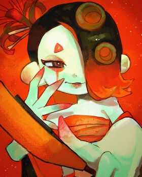 1girl black_hair eyeshadow facing_viewer flower folding_fan hair_over_one_eye hand_fan highres looking_at_viewer makeup multicolored_hair nintendo octoling orange_background paper_fan parted_lips red_hair red_lips runny_makeup shiver_(splatoon) shiver_(splatoween)_(splatoon) smile solo spider_lily splatoon_(series) splatoon_3 tentacle_hair two-tone_hair upper_body