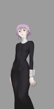 1other absurdres androgynous black_dress black_nails commentary covered_navel covered_pectorals crona_(soul_eater) dress english_commentary furrowed_brow grey_background hair_between_eyes highres long_sleeves meruzis pale_skin pectorals pink_hair short_hair simple_background skin_tight solo soul_eater wrist_cuffs