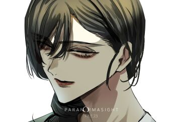 Rule 34 | 1girl, black hair, commentary, copyright name, gunjyou (gunjyou 00), hair between eyes, highres, low side ponytail, one eye closed, paranormasight: the seven mysteries of honjo, portrait, shigima harue, simple background, solo, white background