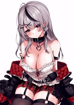 1girl armband bare_shoulders belt black_belt black_choker black_hair braid breasts choker cleavage commentary ear_piercing frills grey_hair hair_ornament heart heart_choker heart_hair_ornament highres hololive large_breasts light_blush long_hair multicolored_hair open_mouth piercing red_eyes reianly sakamata_chloe sakamata_chloe_(1st_costume) simple_background solo sweatdrop thick_thighs thighhighs thighs virtual_youtuber white_background x_hair_ornament