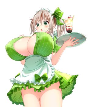 1girl apron asahina_hinata blush breasts brown_hair buttons cleavage commentary covered_erect_nipples cowboy_shot dress embarrassed food frilled_dress frills from_below green_dress green_eyes green_ribbon hair_between_eyes hair_ribbon hands_up highres holding huge_breasts indie_virtual_youtuber looking_down maid maid_apron maid_headdress medium_hair monno open_mouth oppai_loli puffy_areolae ribbon side_ponytail sidelocks simple_background solo sweatdrop teeth thighs tray upper_teeth_only virtual_youtuber wardrobe_malfunction white_background