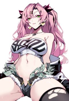 1girl absurdres aer007580 banknote bare_shoulders belt black_belt black_jacket black_ribbon breasts cleavage closed_mouth clothes_down commentary crop_top earrings english_commentary green_eyes hair_ornament hair_ribbon hairclip heart heart_earrings heart_necklace highres jacket jewelry large_breasts linea_alba long_hair looking_at_viewer mole mole_on_breast mole_on_thigh mole_under_eye money multiple_moles navel necklace nicole_demara open_belt open_fly parallel_hairclips pink_hair ribbon simple_background single_thighhigh sitting solo stomach strapless thick_eyebrows thighhighs thighs torn_clothes torn_thighhighs tube_top white_background white_tube_top zenless_zone_zero