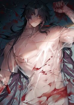 1boy abs black_hair blade_(honkai:_star_rail) blood blood_on_clothes blood_on_hands glass_shard glass_shards hashtag-only_commentary highres holding_glass_shard honkai:_star_rail honkai_(series) long_hair lying male_focus navel nipples on_back on_floor pectorals razor_blade red_eyes saber_beam scar scar_on_chest scar_on_stomach see-through_clothes solo toned toned_male upper_body