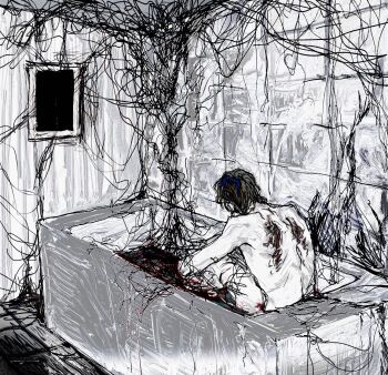 1boy bathroom bathtub curled_up full_body male_focus nude original overgrown revol4357 sitting solo tile_wall tiles torn_wings wings