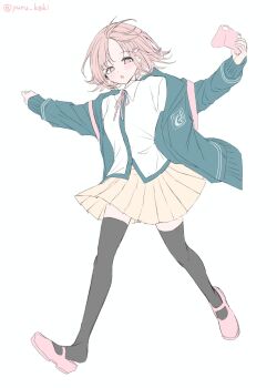 1girl black_thighhighs blush brown_hair collared_shirt controller danganronpa_(series) danganronpa_2:_goodbye_despair flipped_hair hair_ornament highres holding holding_controller hood jacket long_sleeves looking_at_viewer medium_hair nanami_chiaki neck_ribbon open_clothes open_jacket pink_eyes pink_ribbon pink_shoes pleated_skirt ribbon shirt shoes skirt solo thighhighs white_shirt yuru_keki