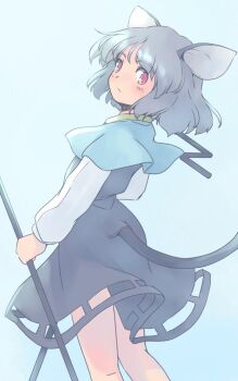 1girl animal_ears blue_capelet capelet clothing_cutout dowsing_rod dress feet_out_of_frame floating_clothes grey_dress grey_hair holding_tool looking_at_viewer looking_back mouse_ears nazrin rangycrow red_eyes short_hair solo tail touhou undefined_fantastic_object