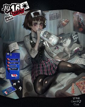 alcohol bed black_vest braid chapinor cigarette crown_braid drinking food gameplay_mechanics highres indoors makeup mask metal_mask niijima_makoto pantyhose persona persona_5 pizza red_eyes runny_makeup sad school_uniform short_hair shuujin_academy_school_uniform sitting solo stuffed_toy text_messaging torn_clothes torn_pantyhose vest vodka