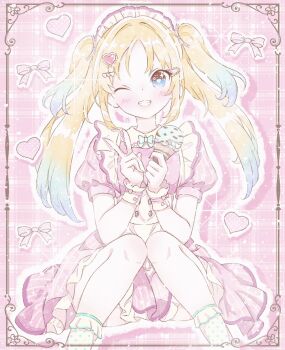 Rule 34 | 1girl, ;d, ai scream! (love live!), alfaromio, blonde hair, blue eyes, blue hair, blush, commentary, convenient skirt, cosplay, dress, drop shadow, feet out of frame, food, frilled dress, frills, gradient hair, grin, hair ornament, hairclip, heart, heart hair ornament, highres, holding, holding food, holding ice cream, holding ice cream cone, ice cream, ice cream cone, knees together feet apart, kurosawa ruby, kurosawa ruby (cosplay), link! like! love live!, long hair, looking at viewer, love live!, love live! sunshine!!, maid, maid headdress, mint chocolate, multicolored hair, one eye closed, open mouth, osawa rurino, outline, parted bangs, pink background, pink dress, plaid background, puffy short sleeves, puffy sleeves, short dress, short sleeves, sidelocks, sitting, smile, solo, twintails, v, virtual youtuber, white outline