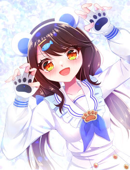 1girl :d absurdres animal_ears anjou_seira blue_bow blush bow brown_hair dress hair_ornament highres holding long_hair long_sleeves looking_at_viewer microphone mouse_ears open_mouth sailor_collar smile solo white_dress white_sailor_collar world_dai_star yanagiba_panda