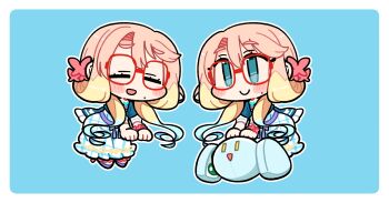 Rule 34 | 1girl, :d, alpha transparency, blonde hair, blue background, blue hair, blue skirt, blush stickers, border, chibi, chibi only, closed eyes, closed mouth, commentary request, double-parted bangs, full body, glasses, green eyes, hair between eyes, haruno sora, highres, ini (inunabe00), mole, mole under mouth, multicolored hair, open mouth, outline, pink hair, plaid clothes, plaid skirt, purple shoes, red-framed eyewear, shirt, shoes, short sleeves, simple background, sitting, skirt, smile, vocaloid, white border, white outline, white shirt