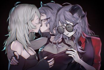 3girls absurdres arm_around_shoulder black-framed_eyewear black_choker black_nails black_necktie bodystocking breasts choker closed_eyes commentary_request fingerless_gloves fishnet_bodystocking fishnets glasses gloves grabbing_another&#039;s_breast grey_hair groping highres horns idamaria jewelry kiss long_hair medium_breasts multiple_girls necktie original pendant red_shirt shirt tinted_eyewear upper_body yuri