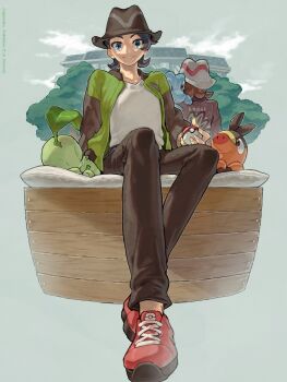Rule 34 | 1boy, 1girl, black hair, black hat, black pants, brown hair, chikorita, closed mouth, commentary request, gen 2 pokemon, gen 5 pokemon, green jacket, harmony (pokemon), hat, highres, holding, holding poke ball, jacket, leaf, long sleeves, mumumi, nintendo, on shoulder, open clothes, open jacket, pants, paxton (pokemon), poke ball, poke ball (basic), pokemon, pokemon (creature), pokemon legends: z-a, pokemon on shoulder, shirt, shoes, short hair, sitting, smile, starter pokemon trio, tepig, totodile, white hat, white shirt