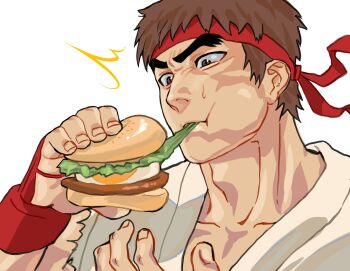 Rule 34 | 1boy, ^^^, brown hair, burger, dougi, eating, fingerless gloves, food, forked eyebrows, gloves, headband, highres, holding, holding burger, holding food, katasei0611, looking at food, male focus, mcdonald's, muscular, muscular male, red headband, ryu (street fighter), short hair, simple background, solo, street fighter, sweatdrop, thick eyebrows, white background