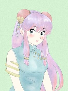 Rule 34 | 1girl, amamorituyuko, bell, blue dress, blush, chinese clothes, commentary request, dress, green background, hair bell, hair ornament, jewelry, long hair, looking at viewer, purple hair, ranma 1/2, shampoo (ranma 1/2), sidelocks, simple background, smile