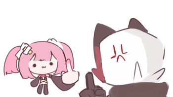 1boy 1girl :3 anger_vein black_hair black_pants black_shirt black_skirt chibi chibi_only closed_mouth commentary coral_(pokemon) coralpeacha_39 cross_hair_ornament fingernails from_behind hair_ornament long_hair long_sleeves middle_finger multicolored_hair nail_polish nintendo pants pink_hair pink_nails pokemon pokemon_(anime) pokemon_horizons red_hair shirt sidian_(pokemon) simple_background skirt smile solid_circle_eyes twintails white_background white_hair