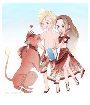 1girl 2boys aerith_gainsborough alternate_costume animal ball beachball black_choker blonde_hair blue_background blue_eyes bluelimbo8888 bracelet brown_hair choker cloud_strife costa_del_sol crop_top dated earrings final_fantasy final_fantasy_vii final_fantasy_vii_rebirth final_fantasy_vii_remake fire flame-tipped_tail green_eyes highres holding holding_ball holding_beachball jewelry long_hair long_skirt multiple_boys open_mouth parted_bangs red_shirt red_shorts red_skirt red_xiii sandals scar scar_across_eye scar_on_face sharp_teeth shirt short_hair shorts side_slit sidelocks single_earring skirt smile tail teeth topless_male twitter_username