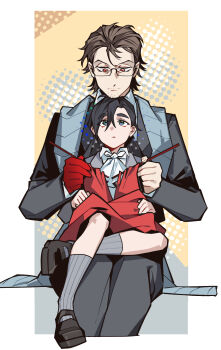 2boys :&lt; :/ beard_stubble black_coat black_eyes black_hair brown_hair child coat collared_shirt colored_extremities facial_hair figure_four_sitting frills glasses gregor_(project_moon) hair_between_eyes hair_slicked_back halftone highres holding holding_needle incorrectnobody knitting knitting_needle la_manchaland_(identity)_(project_moon) limbus_company looking_up male_focus meursault_(project_moon) mullet multiple_boys needle project_moon red_eyes red_hands red_scarf sandals scarf shirt sitting socks stole striped_clothes striped_socks stubble white_shirt white_socks