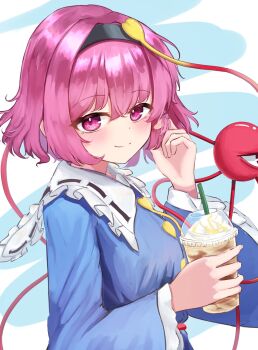 1girl black_hairband blue_shirt blush buttons closed_mouth commentary_request cup disposable_cup drinking_straw frilled_sailor_collar frills from_side hairband hands_up heart_button highres holding holding_cup komeiji_satori long_sleeves pico_kimuchi pink_eyes sailor_collar shirt short_hair solo third_eye touhou turning_head twirling_hair upper_body white_sailor_collar