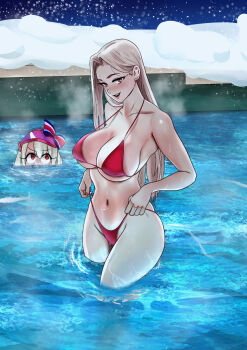 2girls absurdres bare_shoulders bikini blush breasts cleavage fate/grand_order fate_(series) highres illyasviel_von_einzbern illyasviel_von_einzbern_(swimsuit_archer) illyasviel_von_einzbern_(swimsuit_archer)_(second_ascension) irisviel_von_einzbern large_breasts long_hair looking_at_viewer mother_and_daughter multiple_girls navel oldmanjenkins84 open_mouth parted_bangs pool red_bikini red_eyes smile snow swimsuit thighs visor_cap white_hair