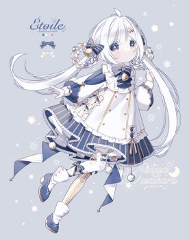 1girl bell blue_bow blue_bowtie blue_eyes blue_shoes blush bow bowtie commentary dress english_commentary grey_background hair_bell hair_between_eyes hair_bow hair_ornament hand_up highres kuzuhara_kazuya long_hair long_sleeves looking_at_viewer neck_bell original shoes solo star-shaped_pupils star_(symbol) striped_bow symbol-shaped_pupils thighhighs twintails very_long_hair white_bow white_dress white_hair white_thighhighs yellow_pupils