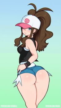 1girl afrobull animated animated_gif ass ass_shake blue_eyes blush breasts brown_hair female_focus hat hilda_(pokemon) huge_ass jiggle long_hair medium_breasts nintendo pokemon pokemon_bw short_shorts shorts simple_background solo washa