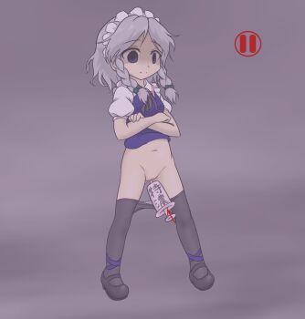 1girl blue_dress bow braid censored clothes_pull crossed_arms dress female_focus green_bow grey_background grey_hair grey_pantyhose hair_bow izayoi_sakuya maid maid_headdress mosaic_censoring mudadamuda navel object_insertion pantyhose pantyhose_pull pussy shoes standing syringe time_stop touhou twin_braids vaginal vaginal_object_insertion