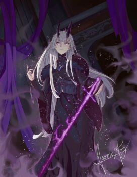 1girl black_dress commentary corset curtains dress fog fur_trim gem gloves grey_eyes highres horns long_hair looking_at_viewer noomuaz partially_fingerless_gloves seris_vritra solo sword the_beginning_after_the_end very_long_hair weapon white_hair