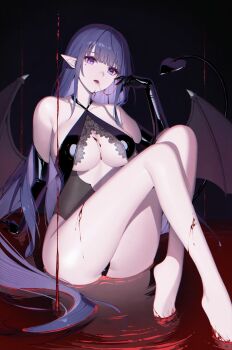 1girl absurdres alternate_costume alternate_hairstyle arm_support bare_legs bare_shoulders barefoot black_background black_gloves black_leotard black_tail black_wings blood breasts clothing_cutout criss-cross_halter crossed_legs demon_girl demon_tail demon_wings elbow_gloves feet genshin_impact gloves halloween_costume halterneck hand_up highres lace_trim large_breasts lemonpear leotard long_hair looking_at_viewer mole mole_under_eye parted_lips pointy_ears purple_eyes purple_hair raiden_shogun revealing_clothes sitting_on_liquid solo tail tail_raised thighs very_long_hair wings