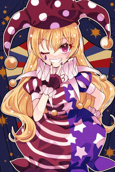 Rule 34 | 1girl, @ @, american flag dress, blonde hair, clownpiece, commentary request, dress, facial mark, grin, hair between eyes, hand on own hip, hat, highres, jester, jester cap, katsuragi atori, long hair, looking at viewer, mark under eye, multicolored nails, nail polish, neck ruff, one eye closed, polka dot headwear, puff and slash sleeves, puffy short sleeves, puffy sleeves, purple nails, red eyes, red nails, short sleeves, smile, solo, sparkle, star (symbol), striped clothes, striped dress, teardrop facial mark, touhou, two-tone nails