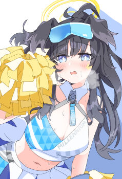 1girl absurdres animal_ears black_hair blue_archive blue_eyes blush breasts cheerleader commentary_request dog_ears dog_girl fill_(fill_lemonn) goggles goggles_on_head halo hibiki_(blue_archive) hibiki_(cheer_squad)_(blue_archive) highres holding holding_pom_poms long_hair looking_at_viewer millennium_cheerleader_outfit_(blue_archive) navel official_alternate_costume pom_pom_(cheerleading) pom_poms skirt solo star_(symbol) star_sticker sticker sticker_on_face yellow_halo