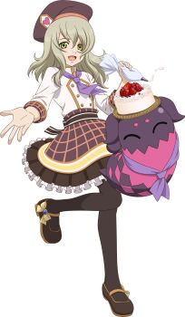 Rule 34 | 1girl, artist request, black pantyhose, blonde hair, bow, brown dress, brown hat, brown shoes, cake, cream, cream on face, creature, doll, dress, elize lutus, elize lutus (valentine), food, food on face, fruit, full body, game cg, green eyes, hat, highres, holding, looking at viewer, medium hair, neckerchief, official alternate costume, official art, open mouth, pantyhose, plate, purple neckerchief, shirt, shoes, smile, solo, standing, standing on one leg, strawberry, tales of (series), tales of asteria, tales of xillia, teepo (tales), third-party source, transparent background, valentine, white shirt, yellow bow