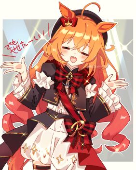 1girl absurdres ahoge animal_ears armband beret black_gem black_jacket blush bow closed_eyes commentary_request crown_hair_ornament ear_bow facing_viewer frilled_armband frills gem hair_between_eyes hair_ornament hat highres horse_ears horse_girl horse_tail jacket long_hair norun_(ru-on) open_mouth orange_hair orange_tail red_bow red_sash ribbon royal_family_(the_royal_family) sash shirt shorts smile tail the_royal_family_(tv_series) thigh_strap white_shirt white_shorts